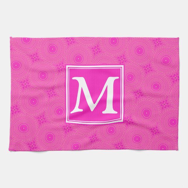 Monogram hot pink circles pattern tea towel (Horizontal)