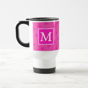 Monogram hot pink circles pattern travel mug