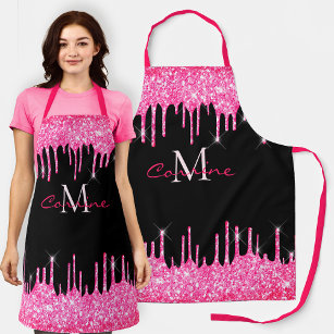 Monogram Hot Pink Dripping Glitter and Black Name Apron