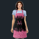 Monogram Hot Pink Dripping Glitter Black Apron<br><div class="desc">Cute Girly Monogram Black Metallic Hot Magenta Pink Dripping Glitter Apron</div>
