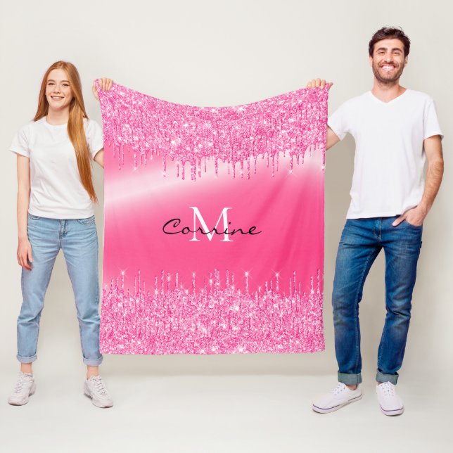 Monogram Hot Pink Dripping Glitter Metallic Name Fleece Blanket (In Situ)
