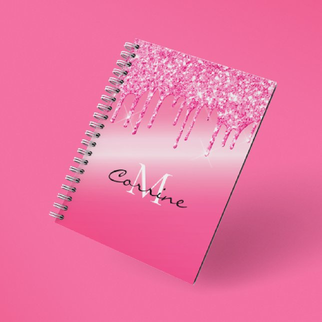 Monogram Hot Pink Dripping Glitter Metallic Notebook (Creator Uploaded)