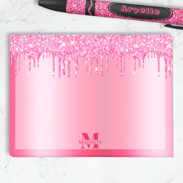Monogram Hot Pink Dripping Glitter Metallic Post-it Notes (Creator Uploaded)