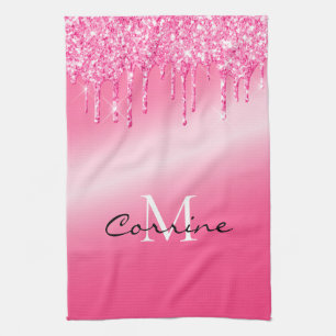 Monogram Hot Pink Dripping Glitter Metallic Waffle Tea Towel