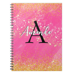 Monogram Hot Pink Glitter Add Your Name + Initial Notebook
