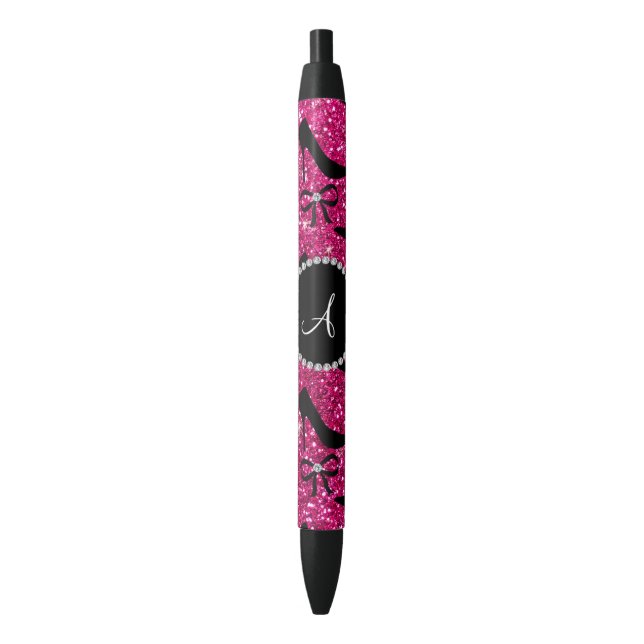 Monogram hot pink glitter black high heels bow black ink pen (Front Vertical)