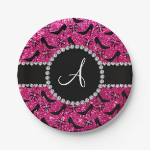 Monogram hot pink glitter black high heels bow paper plate