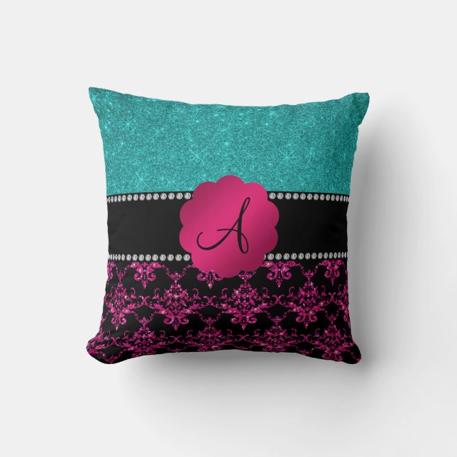 Monogram hot pink glitter damask turquoise glitter cushion (Front)