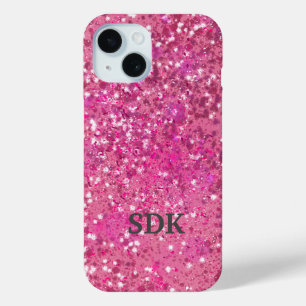 Monogram Hot Pink Glitter Sparkle Girly Glam Trend iPhone 15 Case