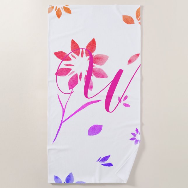 Monogram Hot Pink Ombre Flower Beach Towel (Front)