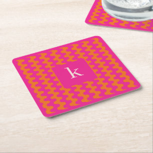 Monogram Hot Pink Orange Bold Wavy Pattern Square Paper Coaster