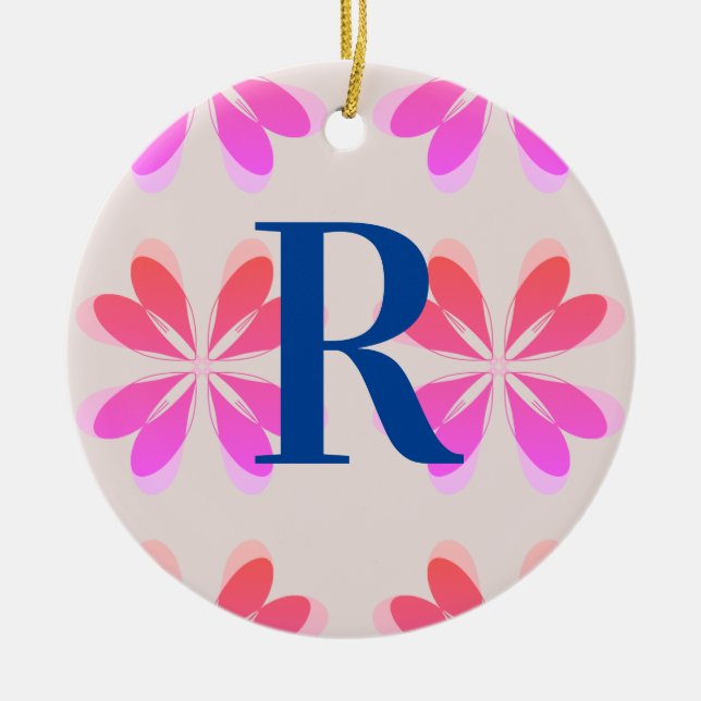 Monogram Hot Pink Orange Retro Pattern Ceramic Tree Decoration (Front)