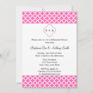 Monogram Hot Pink Quatrefoil Rehearsal  Dinner Invitation
