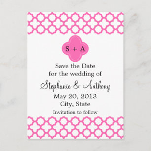 Monogram Hot Pink Quatrefoil Save the Date Announcement Postcard