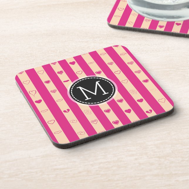 Monogram Hot Pink Stripes Modern Heart Pattern Coaster (Left Side)