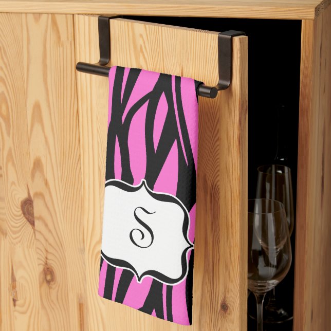 Monogram Hot Pink Zebra Print Kitchen Towel (Thirds Fold)
