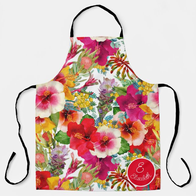 Monogram Hot Tropical Blooms Pattern Apron (Front)