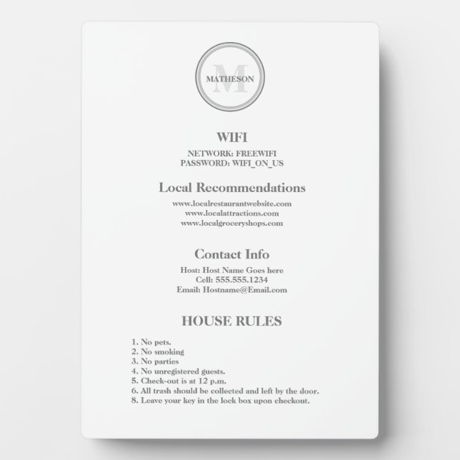 Monogram Hotel Guest Wifi and rules hospitality  Plaque (Front)