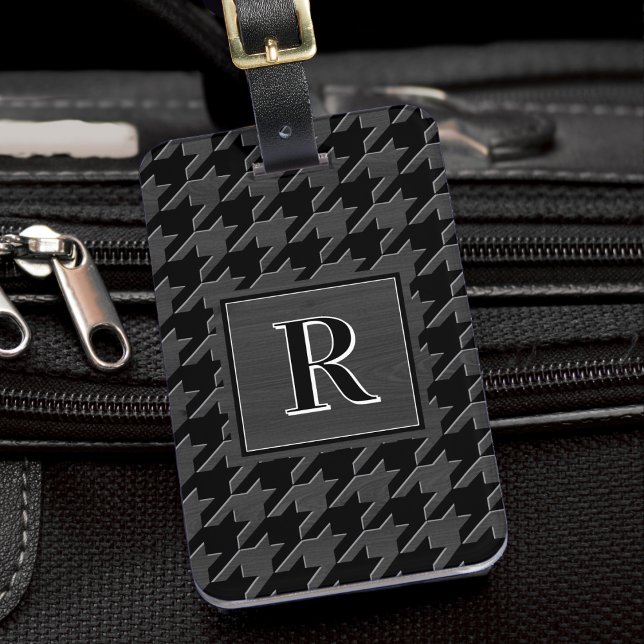 Monogram Houndstooth Pattern Black & Grey Wood Luggage Tag (Creator Uploaded)