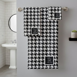 Monogram Houndstooth Pattern Black & White Bath Towel Set