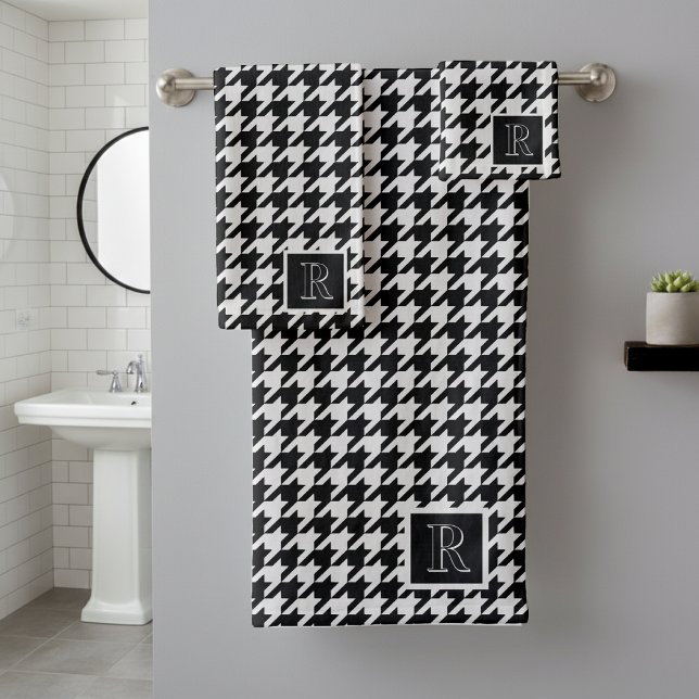 Monogram Houndstooth Pattern Black & White Bath Towel Set (Creator Uploaded)