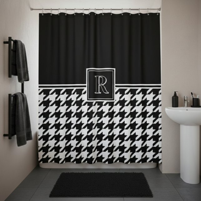 Monogram Houndstooth Pattern Black & White Shower Curtain (Creator Uploaded)