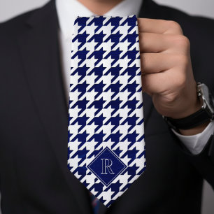 Monogram Houndstooth Pattern White & Blue Wood Tie