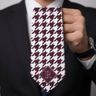 Monogram Houndstooth Pattern White & Burgundy Wood Tie