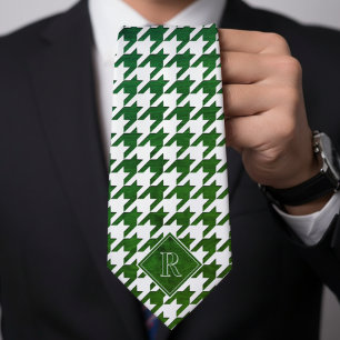 Monogram Houndstooth Pattern White & Green Wood Tie
