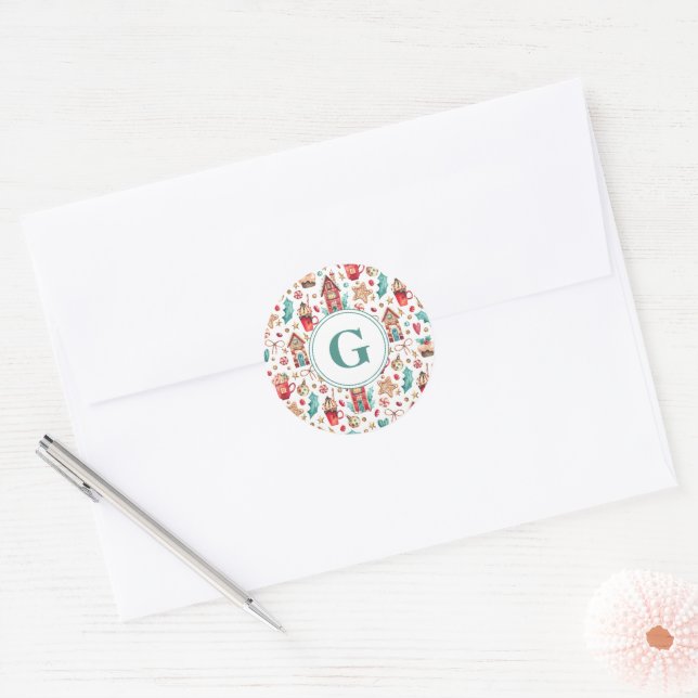 Monogram Houses & Sweets Pattern 1.5in Classic Round Sticker (Envelope)