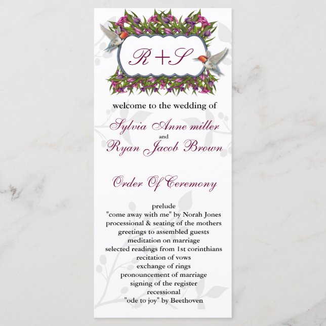 MONOGRAM humming birds Wedding program Programme (Front)