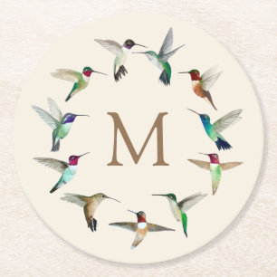 Monogram Hummingbirds Round Paper Coaster