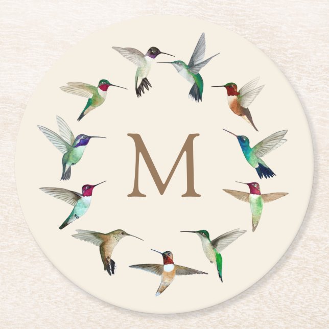 Monogram Hummingbirds Round Paper Coaster (Front)