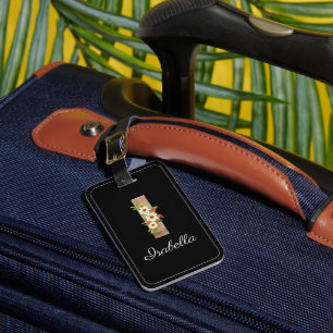 Monogram I black wood letter flower Luggage Tag