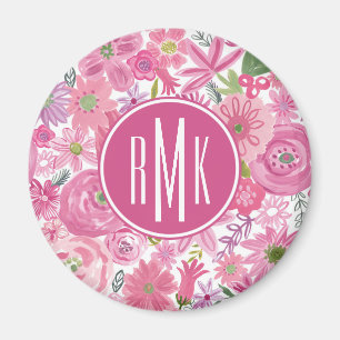 Monogram   I Do Pink Watercolor Floral Pattern Magnet