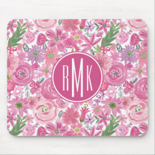 Monogram I Do Pink Watercolor Floral Pattern Mouse Mat