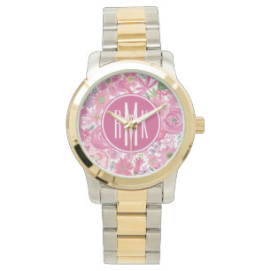 Monogram   I Do Pink Watercolor Floral Pattern Watch