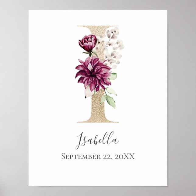 Monogram I Pink White Floral Gold Letter Nursery   Poster (Front)