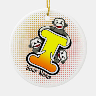 Monogram I Sock Monkey  Ceramic Tree Decoration