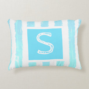 Monogram Ice Blue White Watercolor Stripes  Decorative Cushion