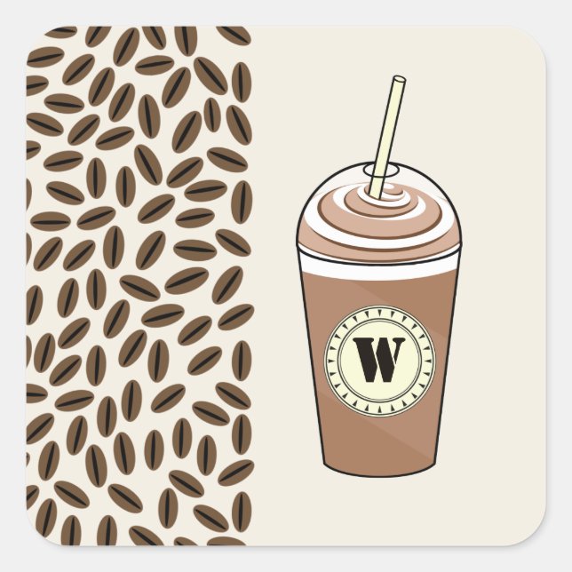 Monogram Iced Coffee To Go & Coffee Beans Square Sticker (Front)