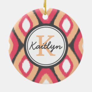 Monogram Ikat Diamonds Pattern Pink Grey Ceramic Tree Decoration