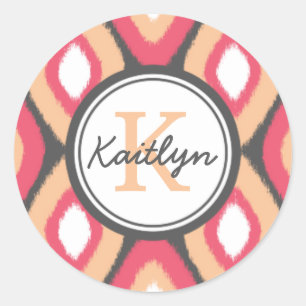 Monogram Ikat Diamonds Pattern Pink Grey Classic Round Sticker