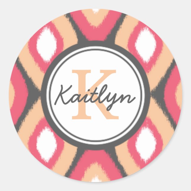 Monogram Ikat Diamonds Pattern Pink Grey Classic Round Sticker (Front)