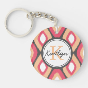 Monogram Ikat Diamonds Pattern Pink Grey Key Ring
