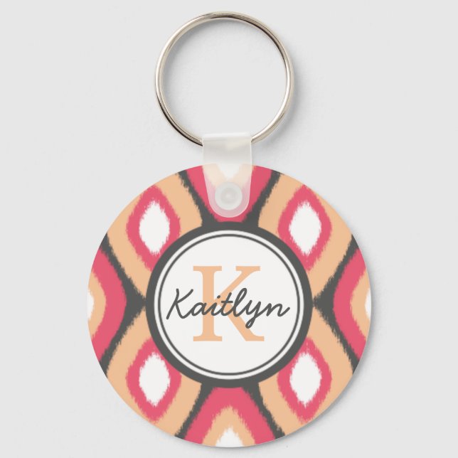 Monogram Ikat Diamonds Pattern Pink Grey Key Ring (Front)