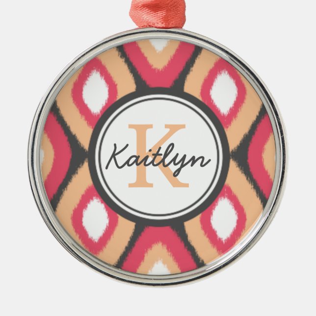 Monogram Ikat Diamonds Pattern Pink Grey Metal Tree Decoration (Front)