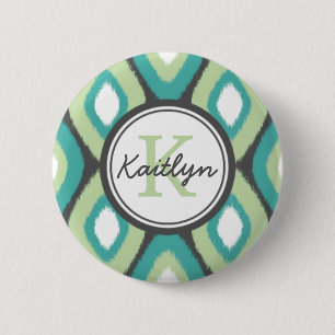 Monogram Ikat Diamonds Pattern Teal Mint 6 Cm Round Badge