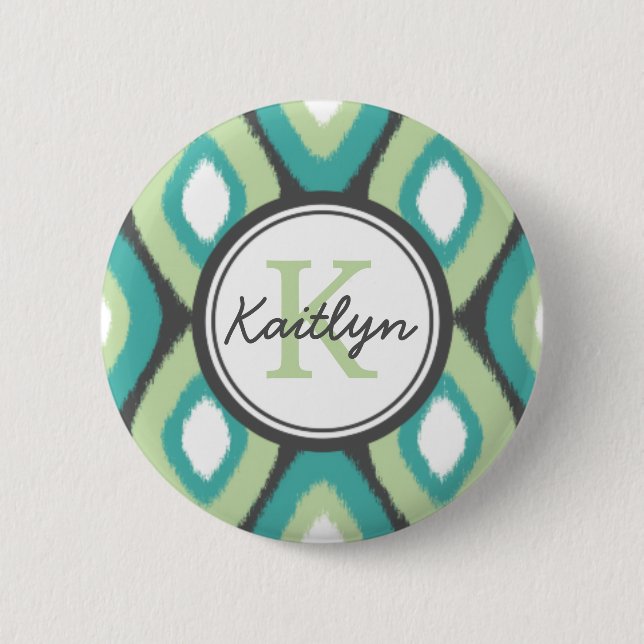 Monogram Ikat Diamonds Pattern Teal Mint 6 Cm Round Badge (Front)