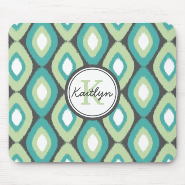 Monogram Ikat Diamonds Pattern Teal Mint Mouse Mat (Front)